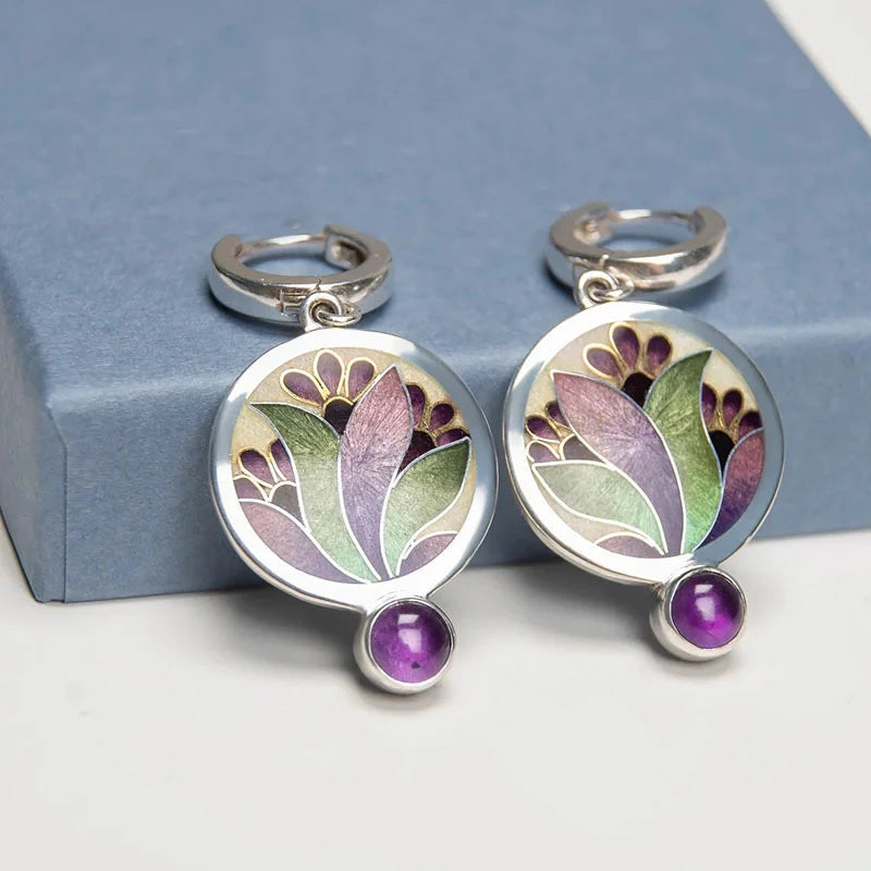 Pendientes boho con cristales morados en plata de ley