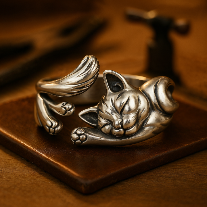 Anillo Vintage de Gato en Plata (Ajustable)