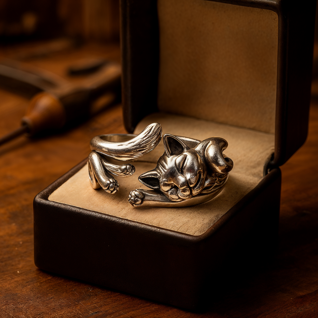 Anillo Vintage con Gato en Plata (Ajustable)