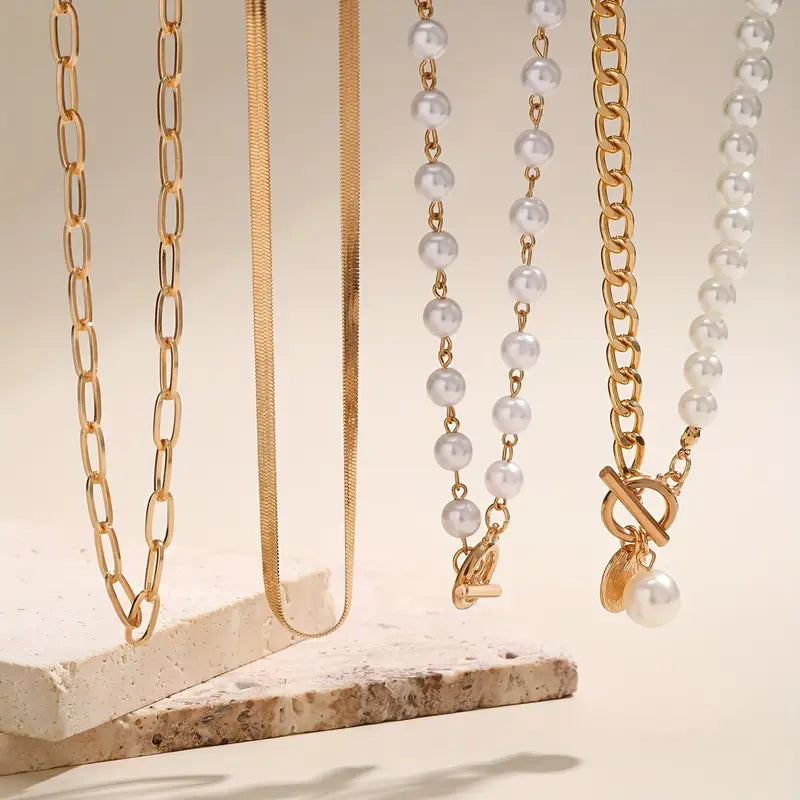 Conjunto Collar Perla & Cadena Serpiente Vintage | Oro