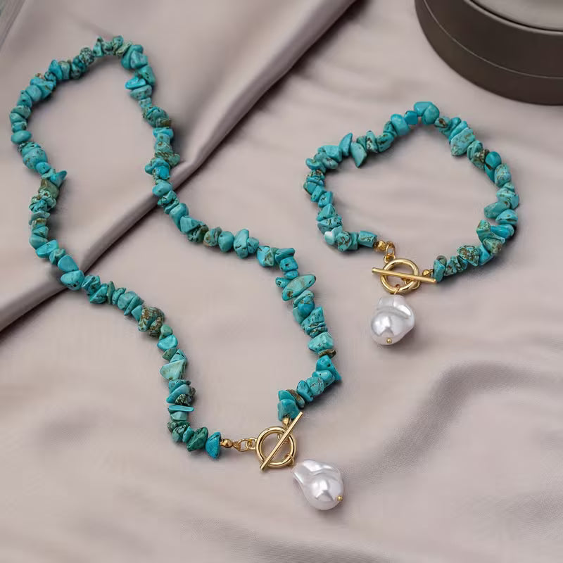 Elegante conjunto de joyas de piedras naturales y perlas