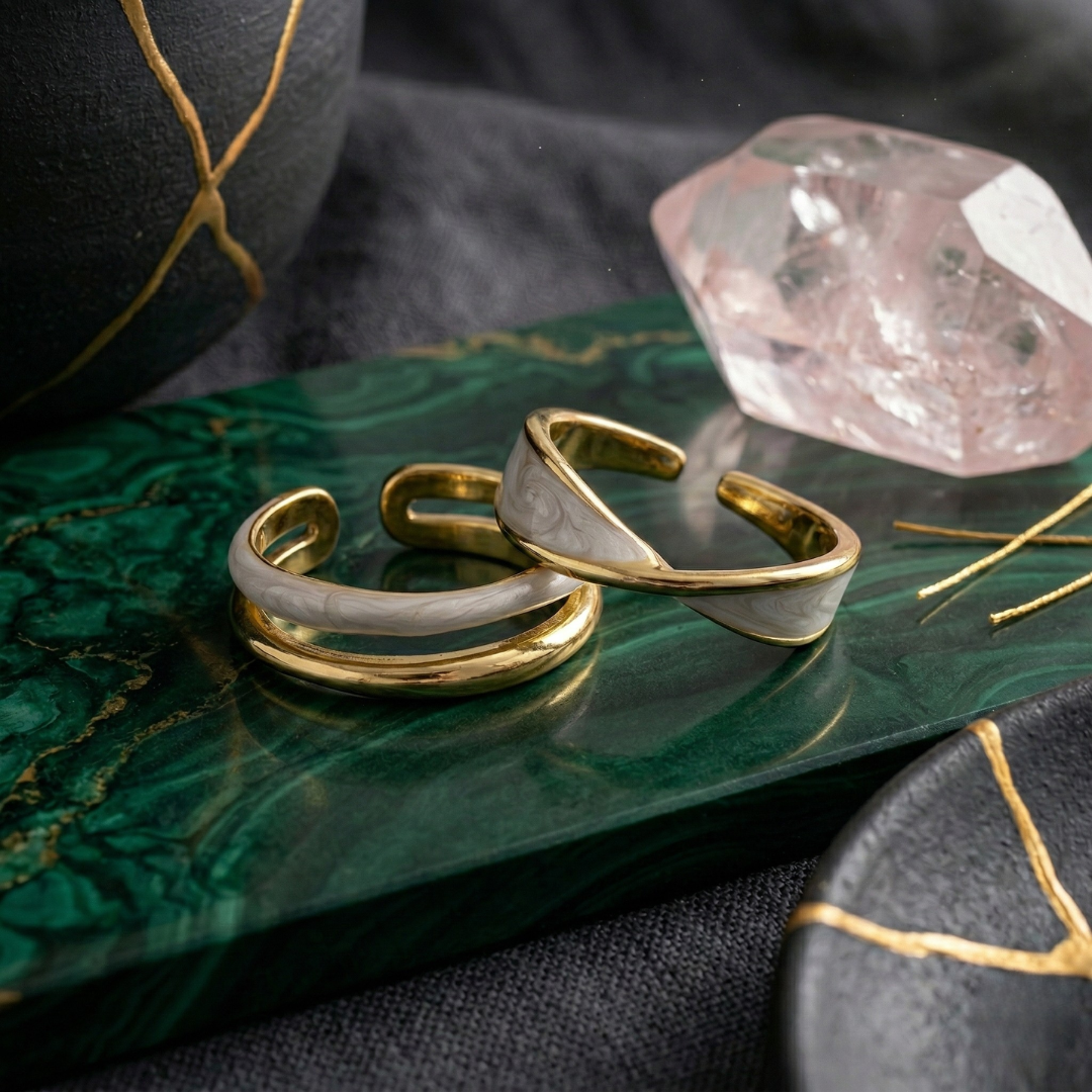 Set de Anillos Bicolor en Oro y Nácar