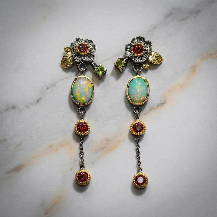 Pendientes boho con ópalo y circonita roja