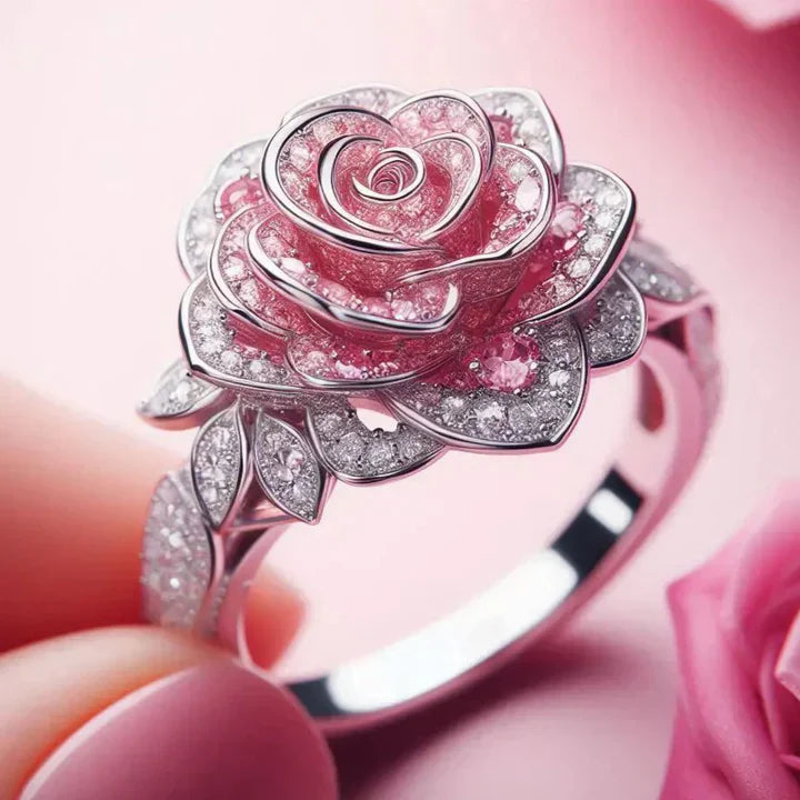 Anillo Exótico de Plata con Flor Rosa