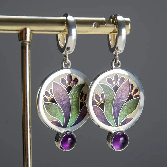 Pendientes boho con cristales morados en plata de ley