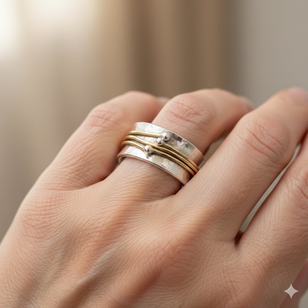 Anillo vintage dorado con capas plateadas