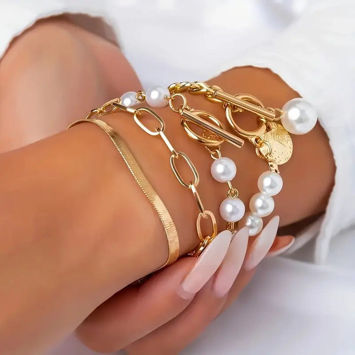Conjunto 4 Pulseras – Serpiente, Perlas & Eslabones | Oro