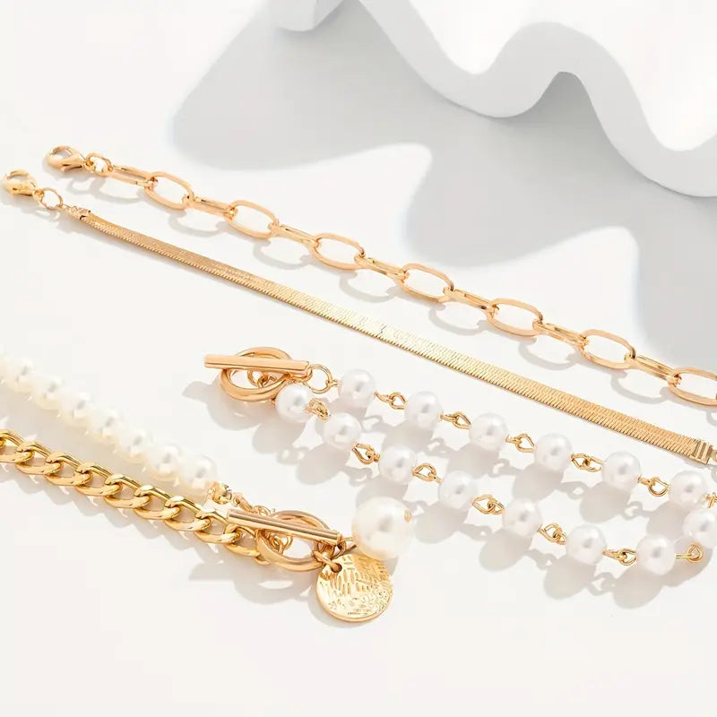 Conjunto 4 Pulseras – Serpiente, Perlas & Eslabones | Oro