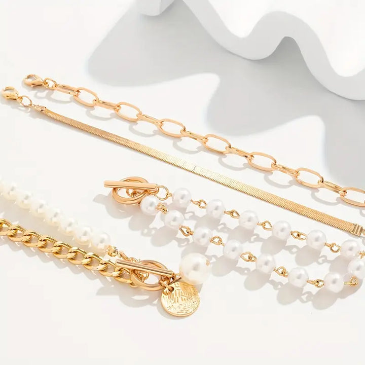 Conjunto 4 Pulseras – Serpiente, Perlas & Eslabones | Oro