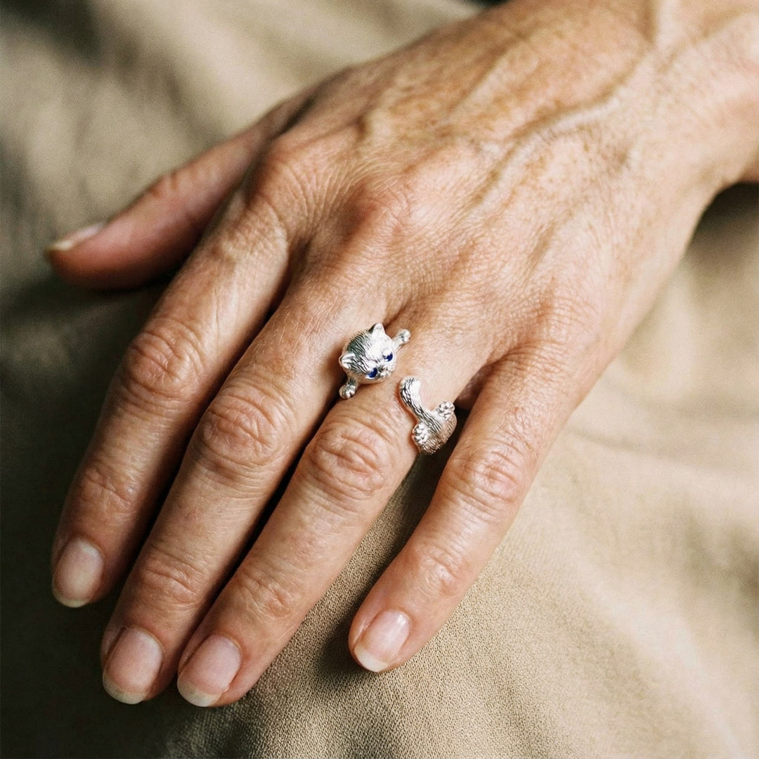Anillo ajustable en plata de ley 925 con gatito