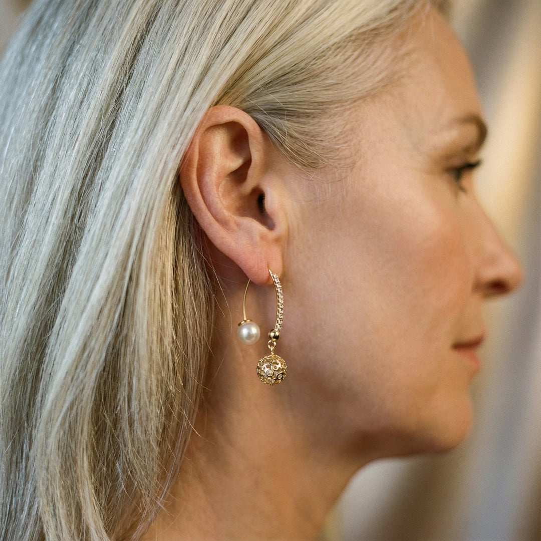 Pendientes colgantes vintage en oro y perlas