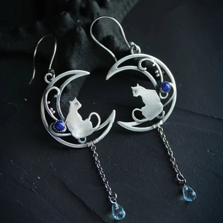 Pendientes Boho de circonita azul con gato en plata