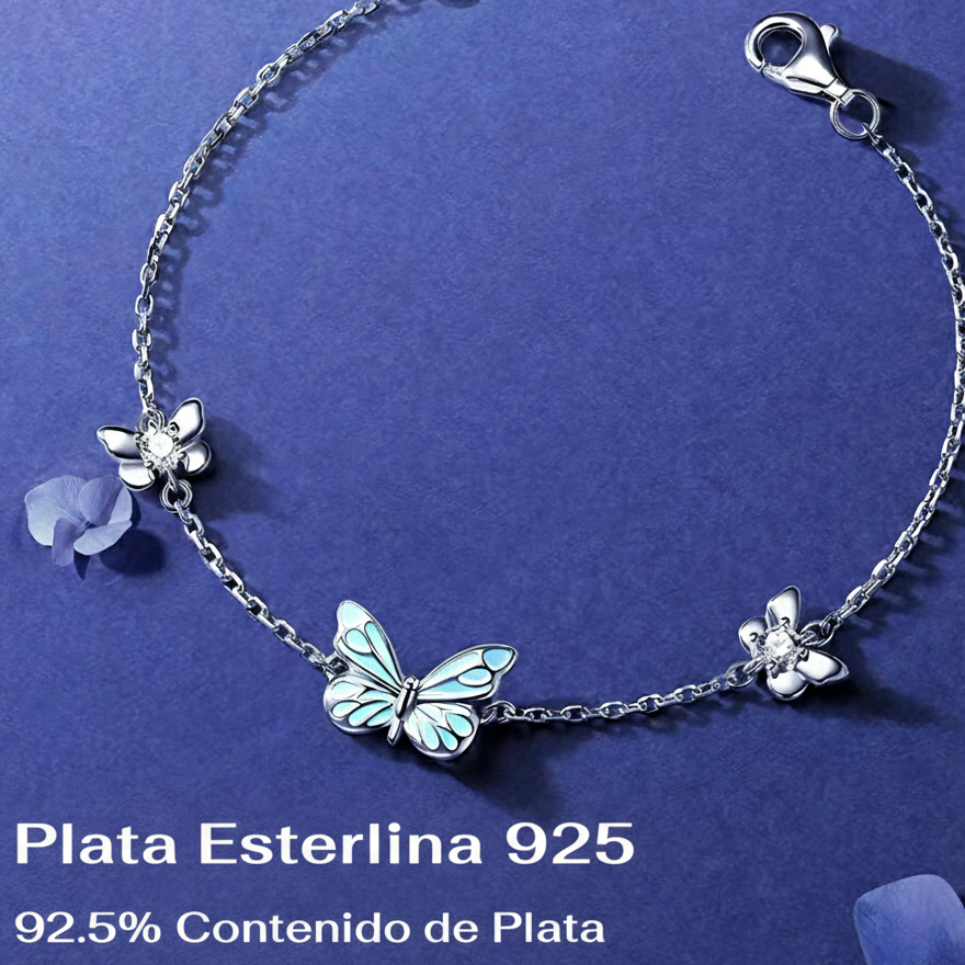 Pulsera de Plata Mariposa Azul que Brilla en la Oscuridad