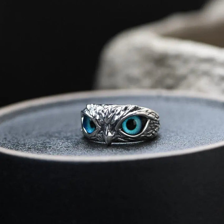 Anillo ajustable Búho de la buena suerte en plata con ópalo