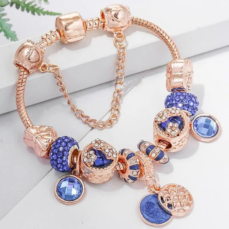 Pulsera en plata rosa y cristal azul