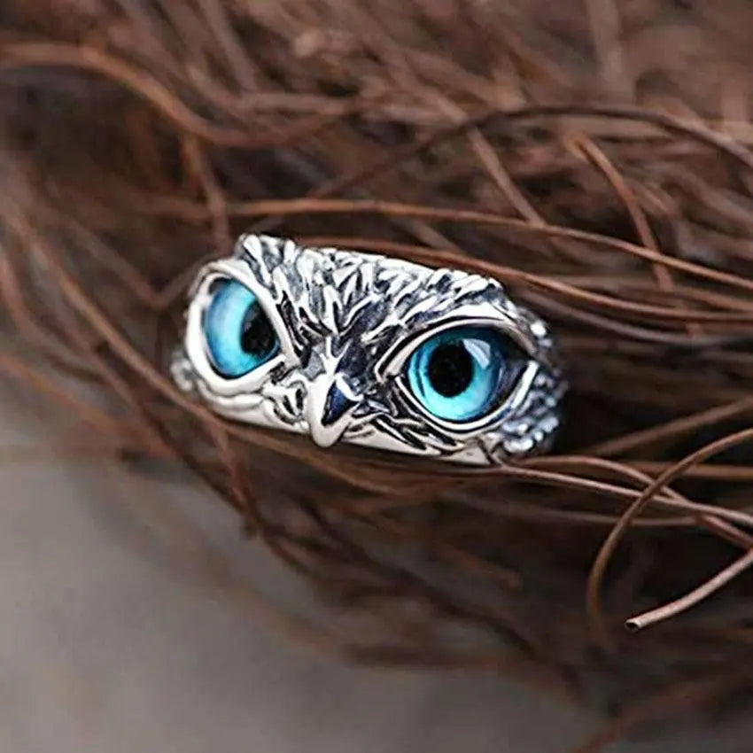 Anillo ajustable Búho de la buena suerte en plata con ópalo