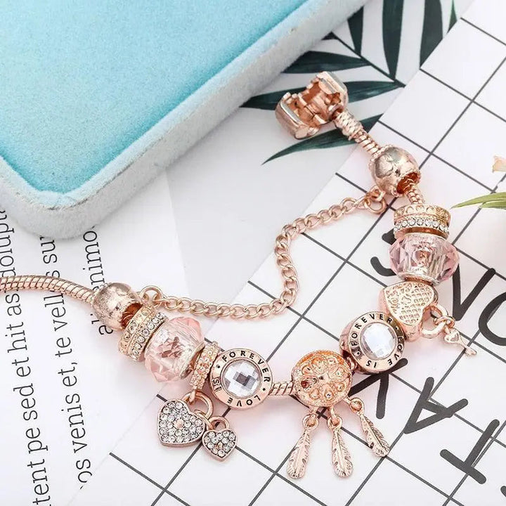 Pulsera Catcher of Dreams Rosa con colgantes en plata