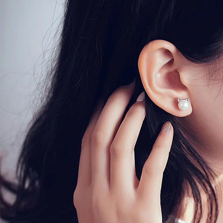 Pendientes de plata de ley con perlas en forma de gato