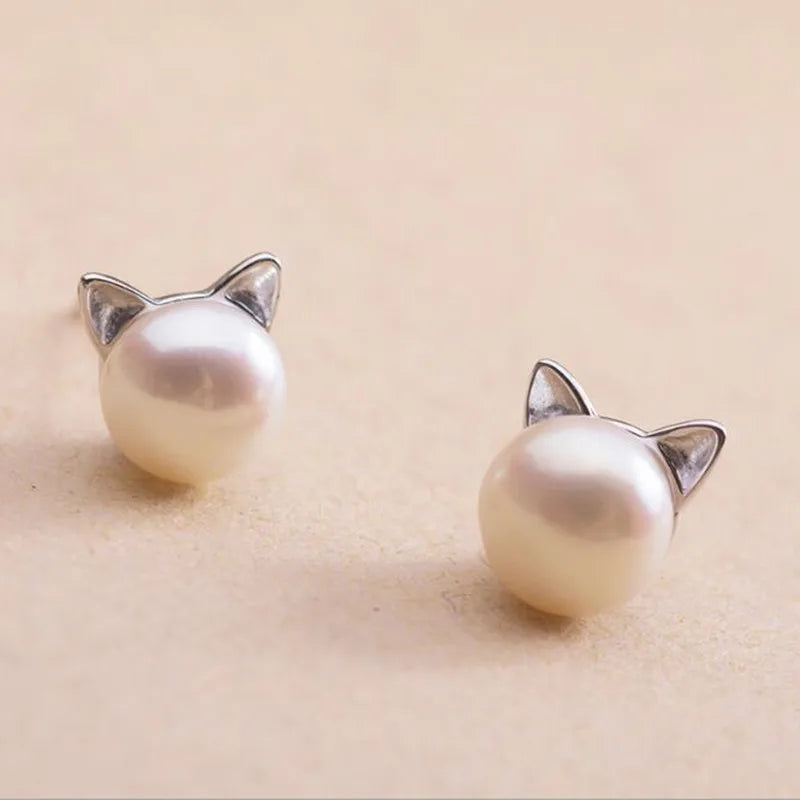 Pendientes de plata de ley con perlas en forma de gato
