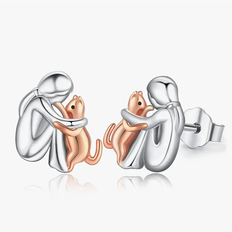 Pendientes Gato Hug Bicolor Plata Y Oro