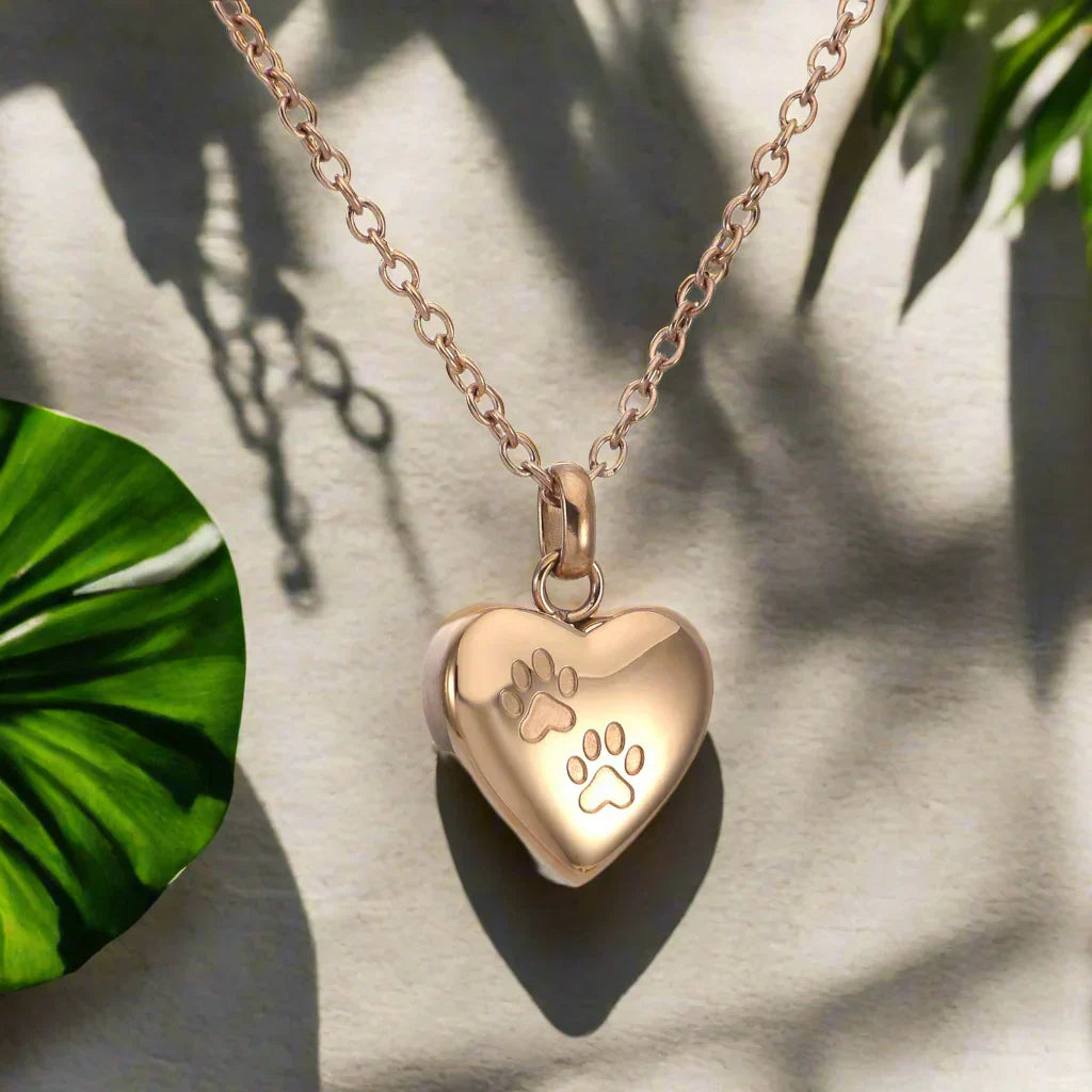 Collar con urna conmemorativa para mascotas – Colgante en forma de corazón con grabado de una pata