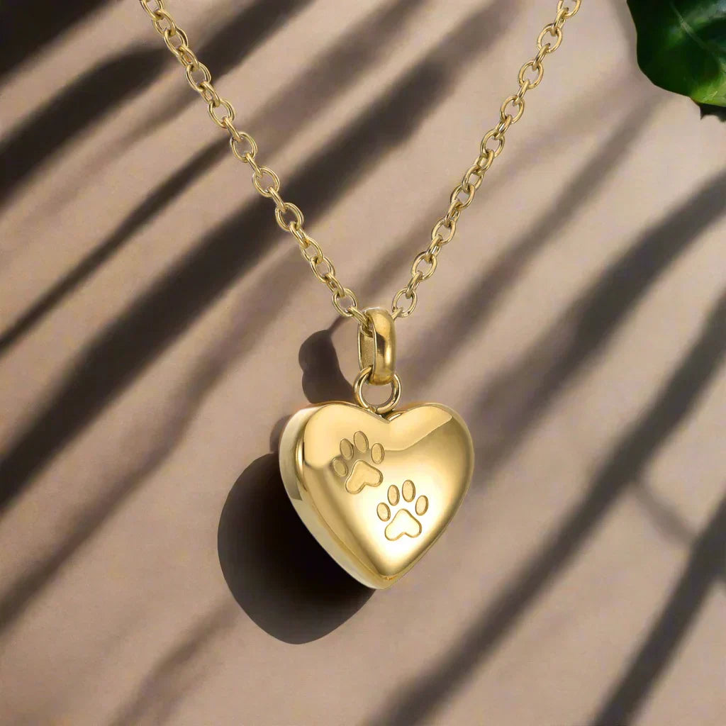 Collar con urna conmemorativa para mascotas – Colgante en forma de corazón con grabado de una pata