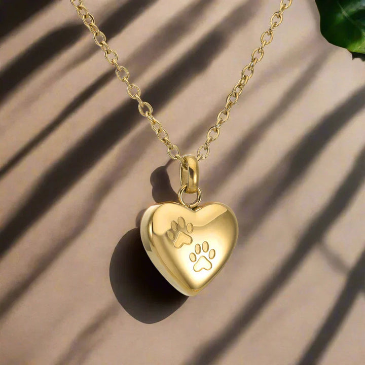 Collar con urna conmemorativa para mascotas – Colgante en forma de corazón con grabado de una pata