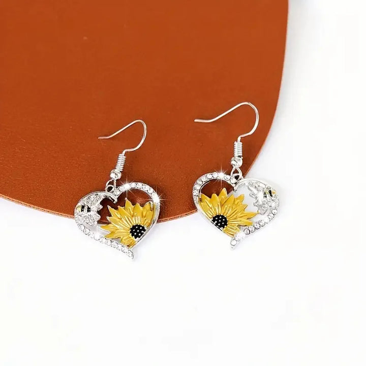 Pendientes colgantes vintage boho con girasol y corazón de abeja