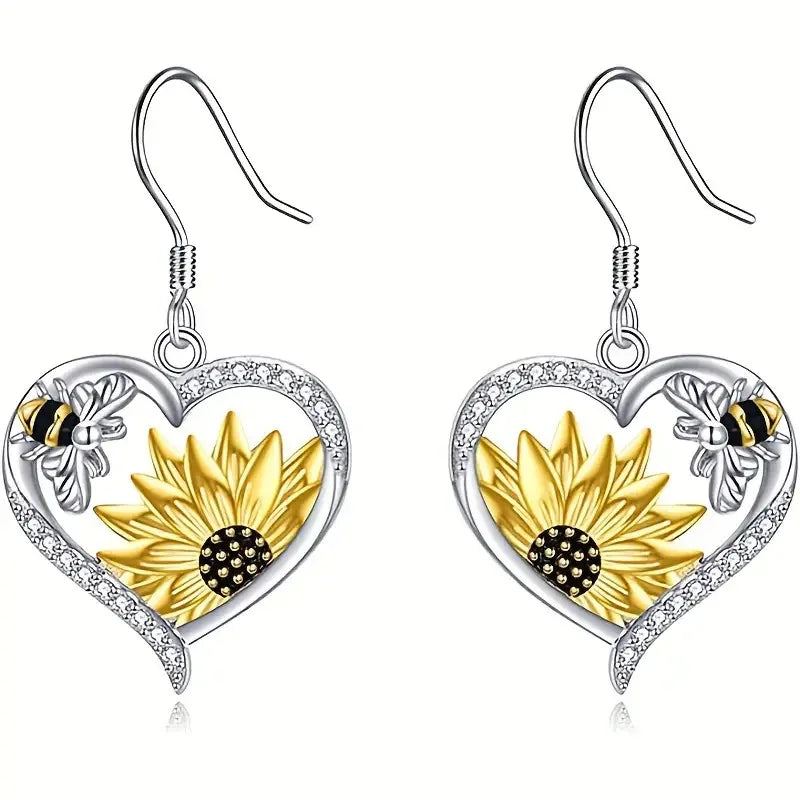 Pendientes colgantes vintage boho con girasol y corazón de abeja