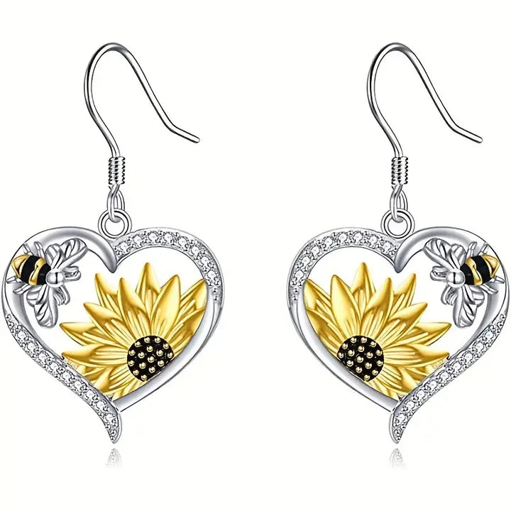 Pendientes colgantes vintage boho con girasol y corazón de abeja