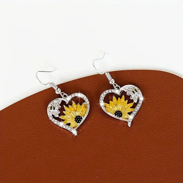 Pendientes colgantes vintage boho con girasol y corazón de abeja