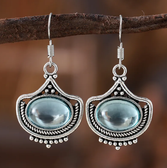Conjunto vintage de collar y pendientes con piedras preciosas ovaladas azules