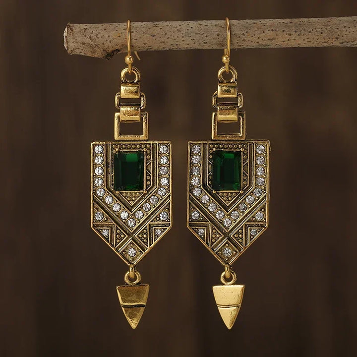 Pendientes geométricos vintage dorados y verdes
