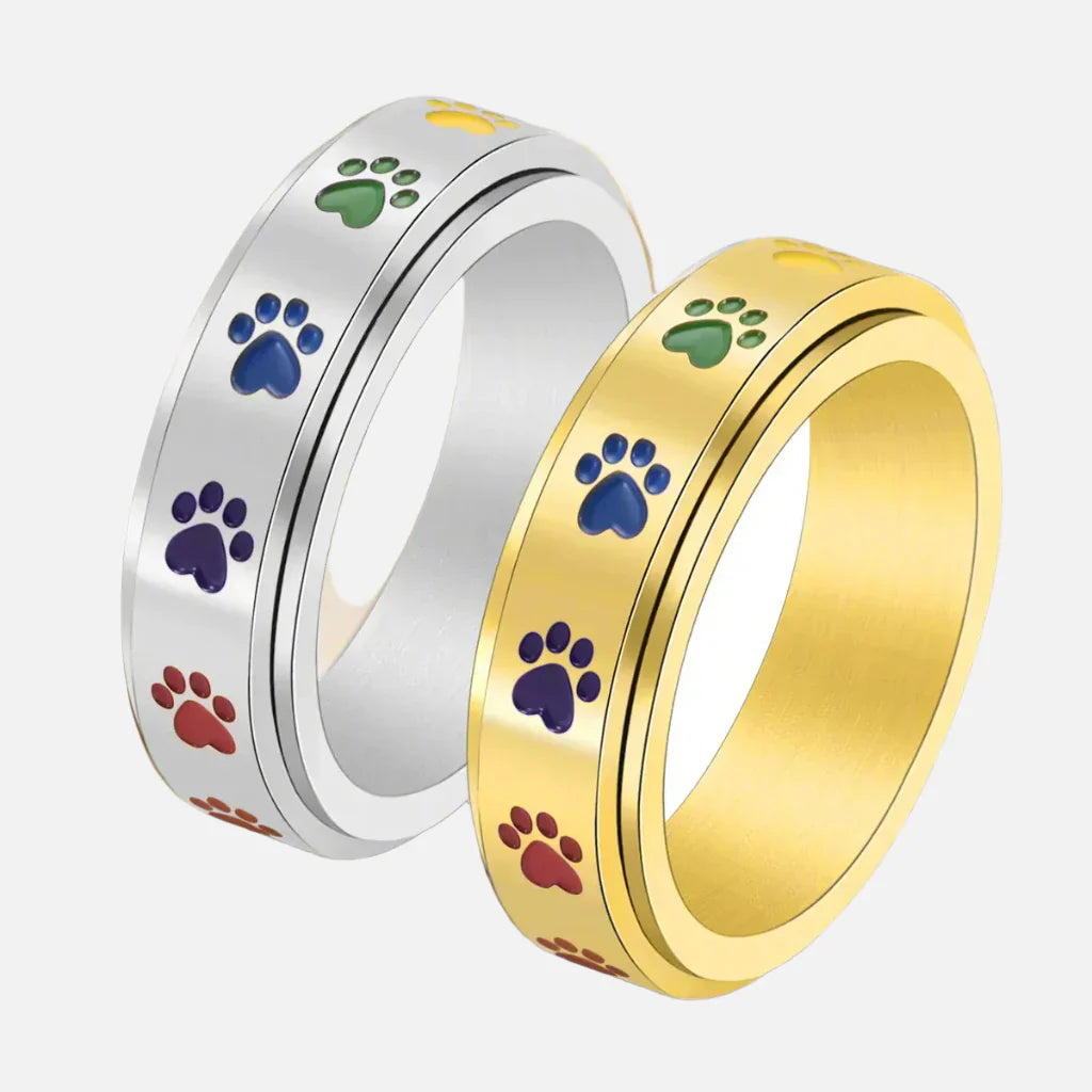 Anillo Giratorio Antiestrés Con Huellas Arcoíris En Acero Inoxidable