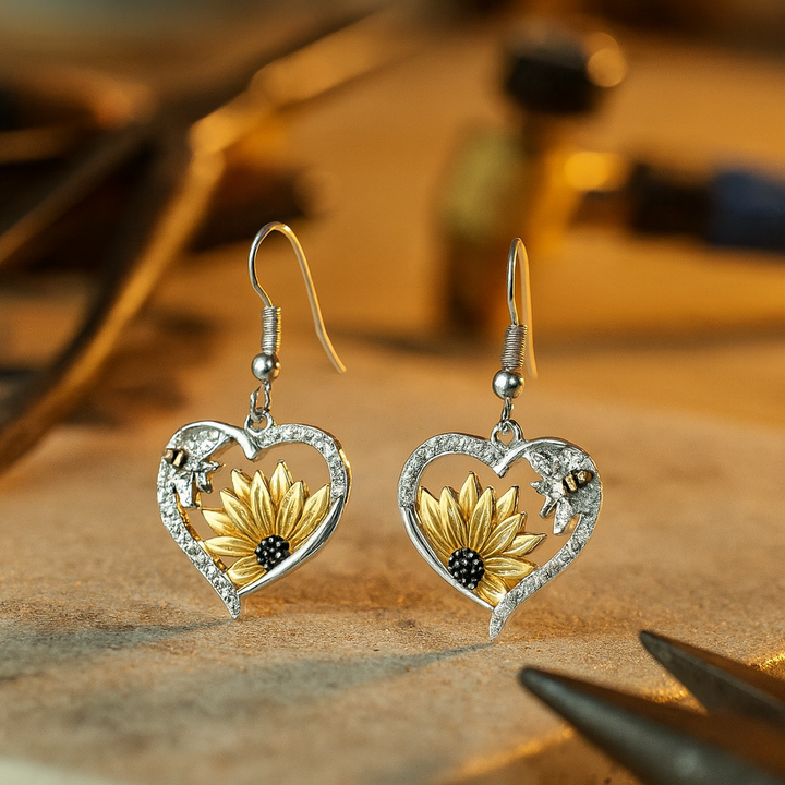 Pendientes colgantes vintage boho con girasol y corazón de abeja