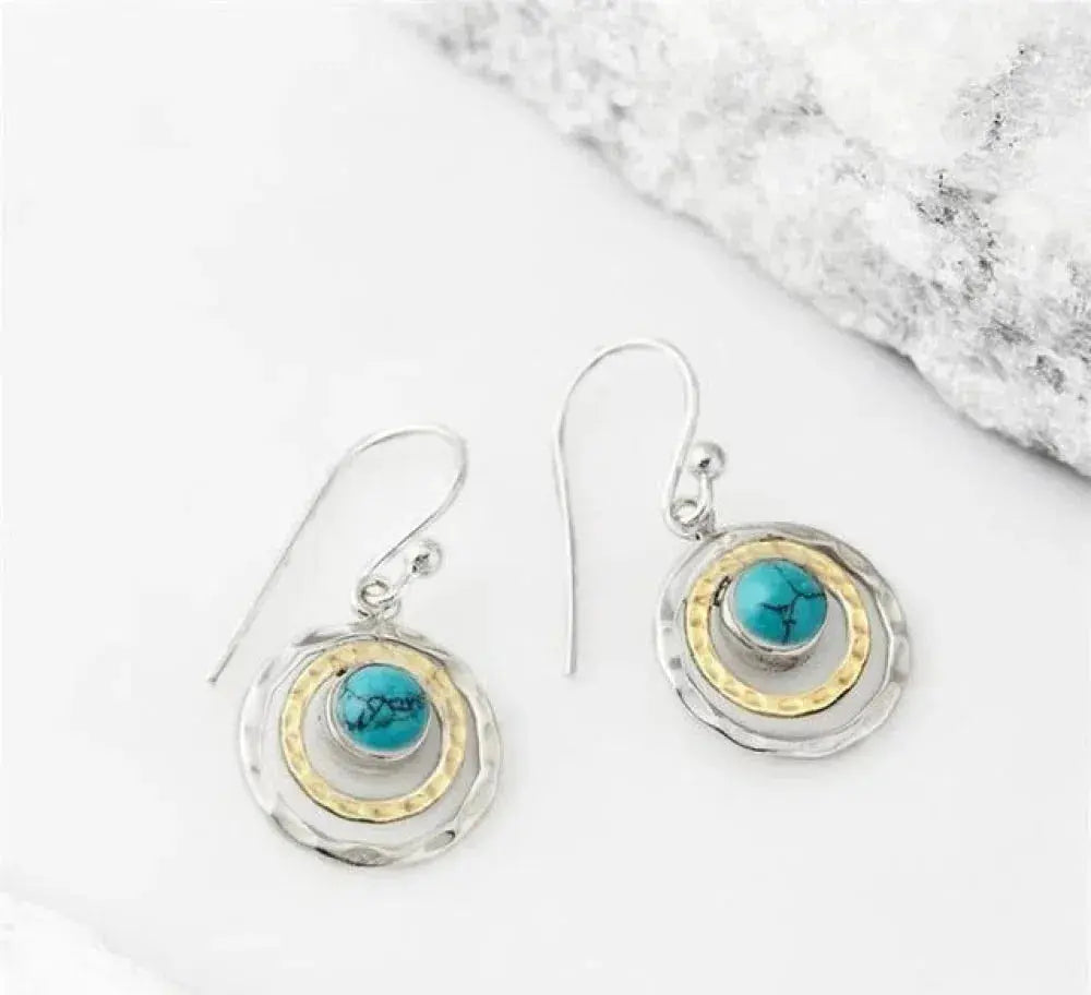 Pendientes Boho Saturno con piedra turquesa en plata y oro