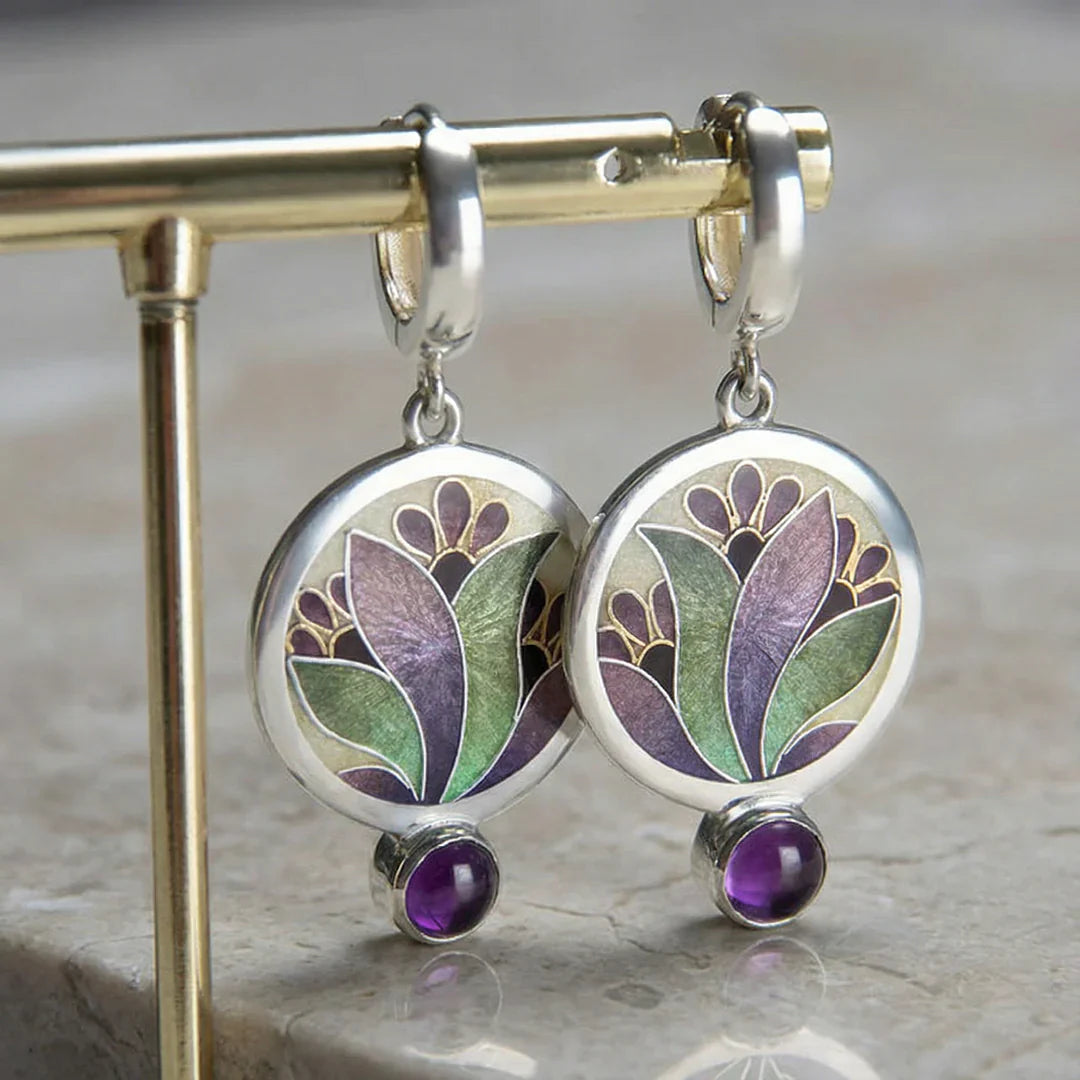 Pendientes boho con cristales morados en plata de ley