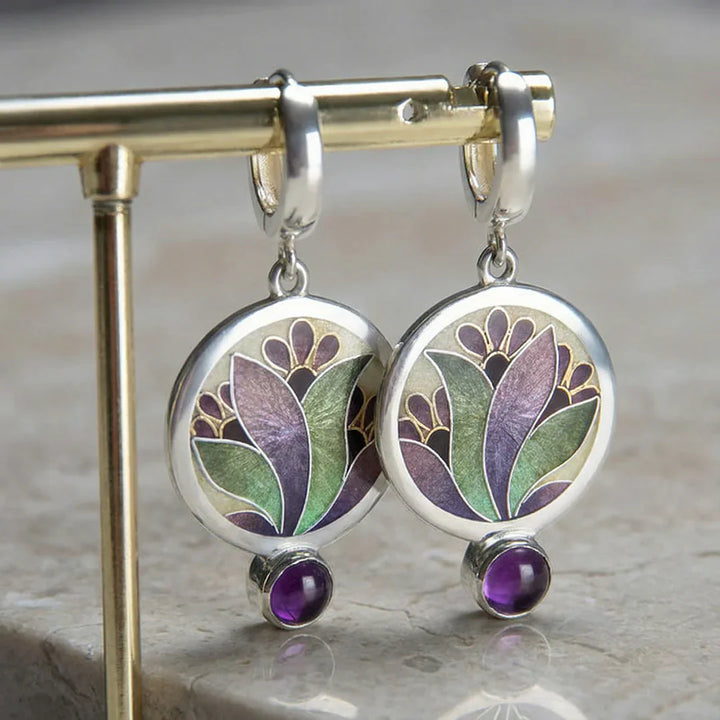 Pendientes boho con cristales morados en plata de ley