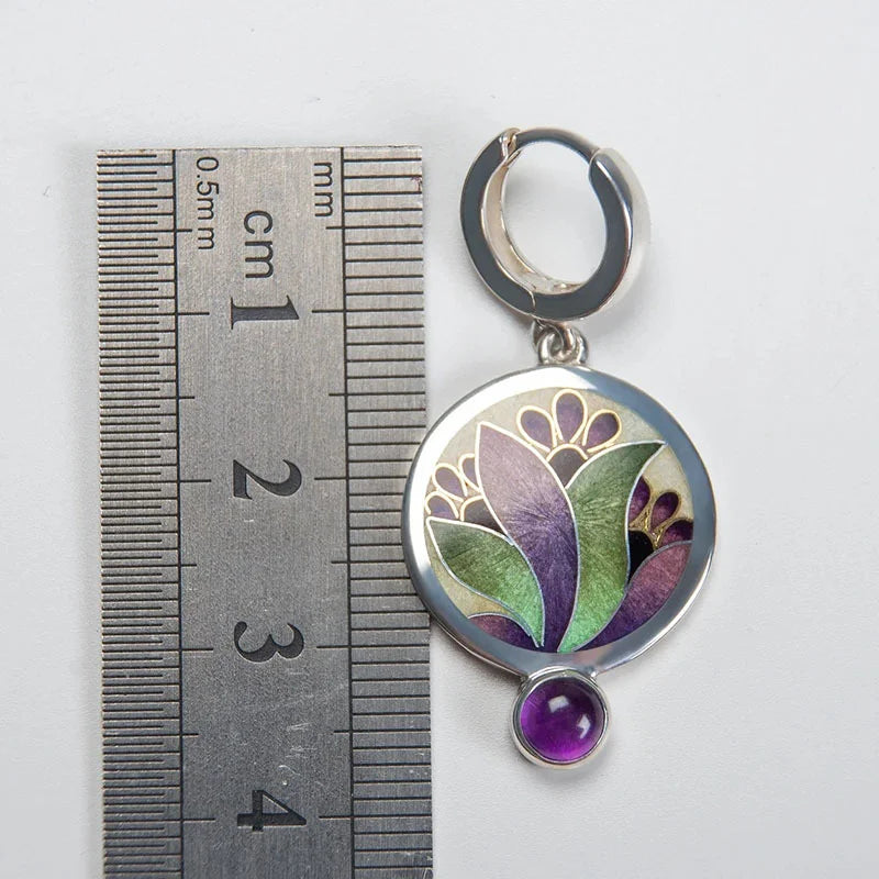 Pendientes boho con cristales morados en plata de ley