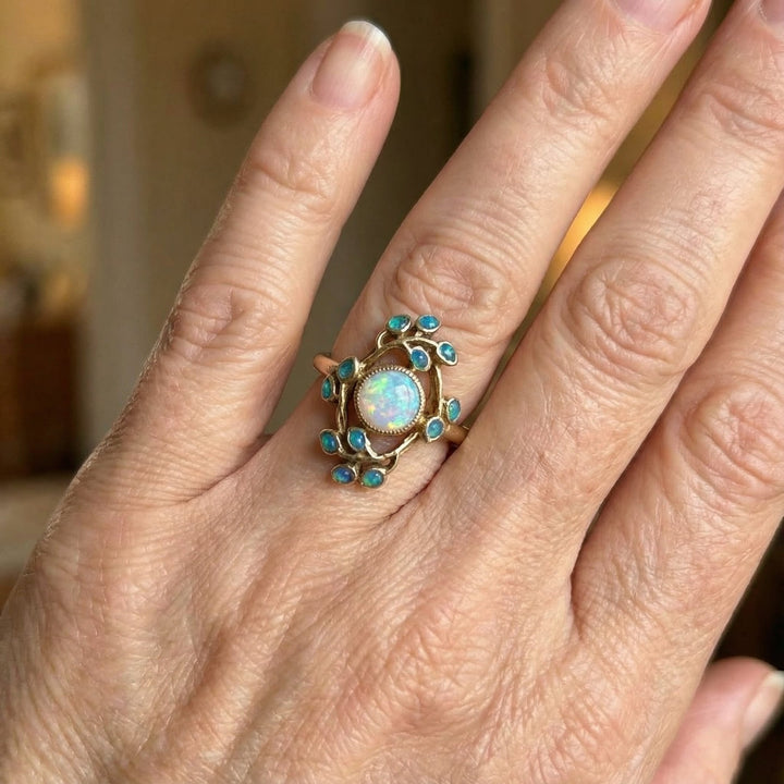 Anillo azul vintage con cristales y ópalo