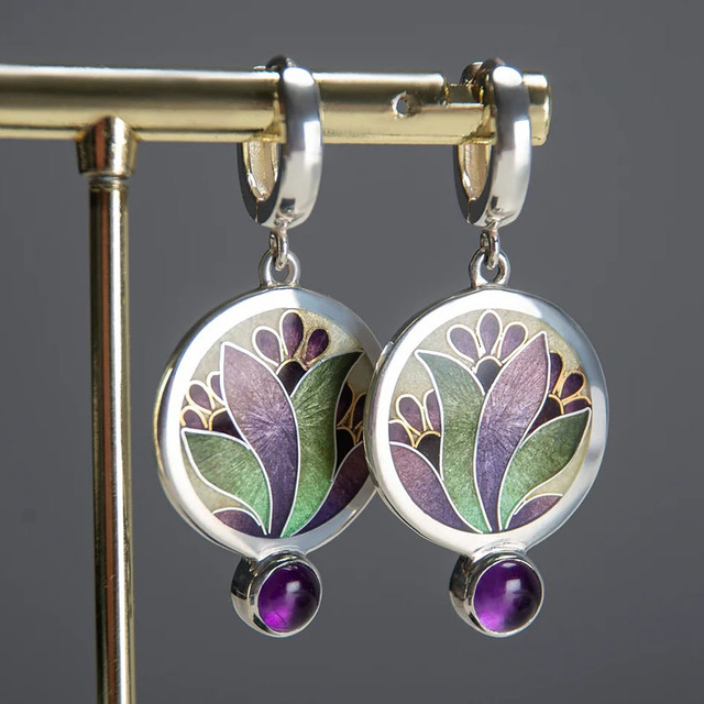 Pendientes Boho en plata de ley con cristales morados
