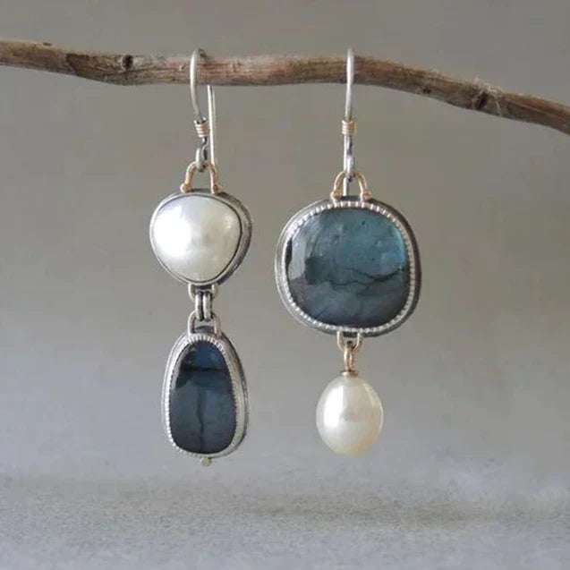 Pendientes vintage de plata con piedras naturales y perlas