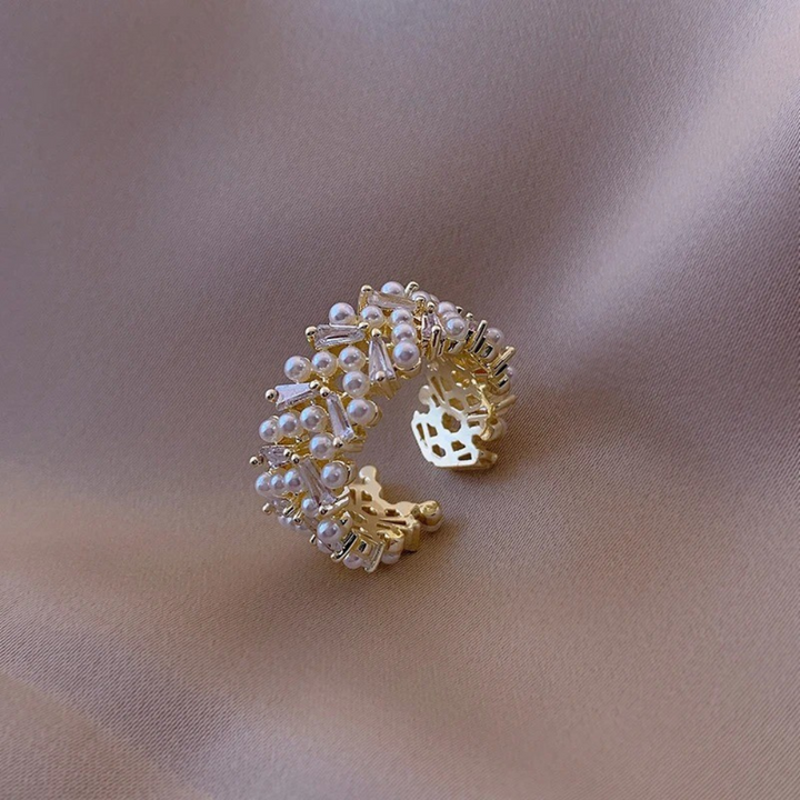 Anillo ajustable vintage con perlas y cristales dorados (Ajustable)
