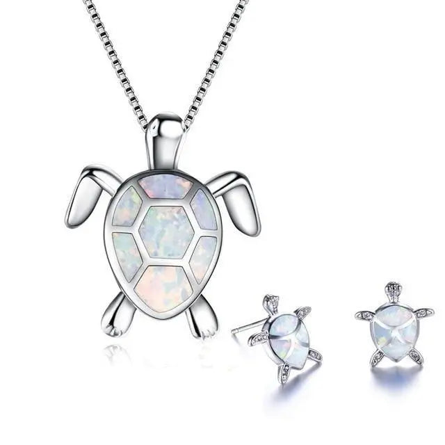 Conjunto de collar y pendientes de tortuga marina en ópalo y plata