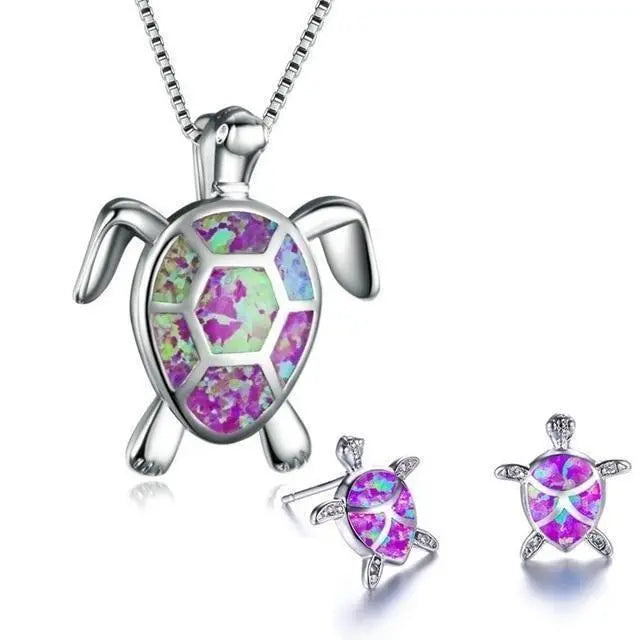 Conjunto de collar y pendientes de tortuga marina en ópalo y plata