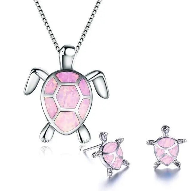 Conjunto de collar y pendientes de tortuga marina en ópalo y plata