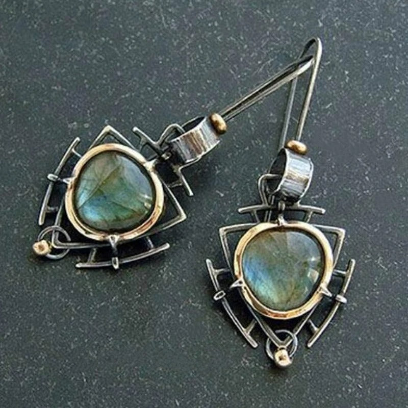 Pendientes vintage en plata y oro con labradorita