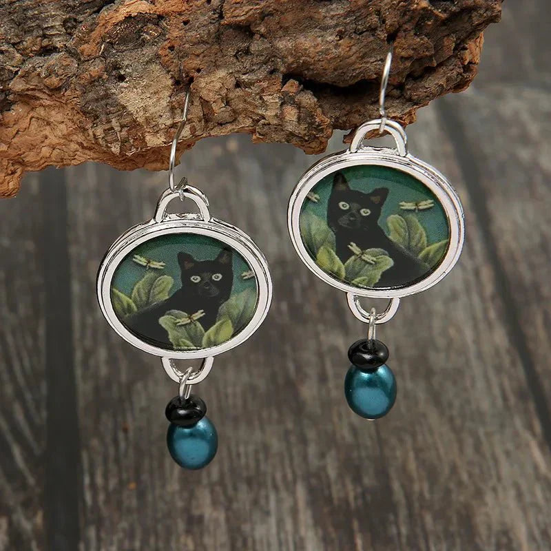 Pendientes colgantes vintage con gato negro tropical