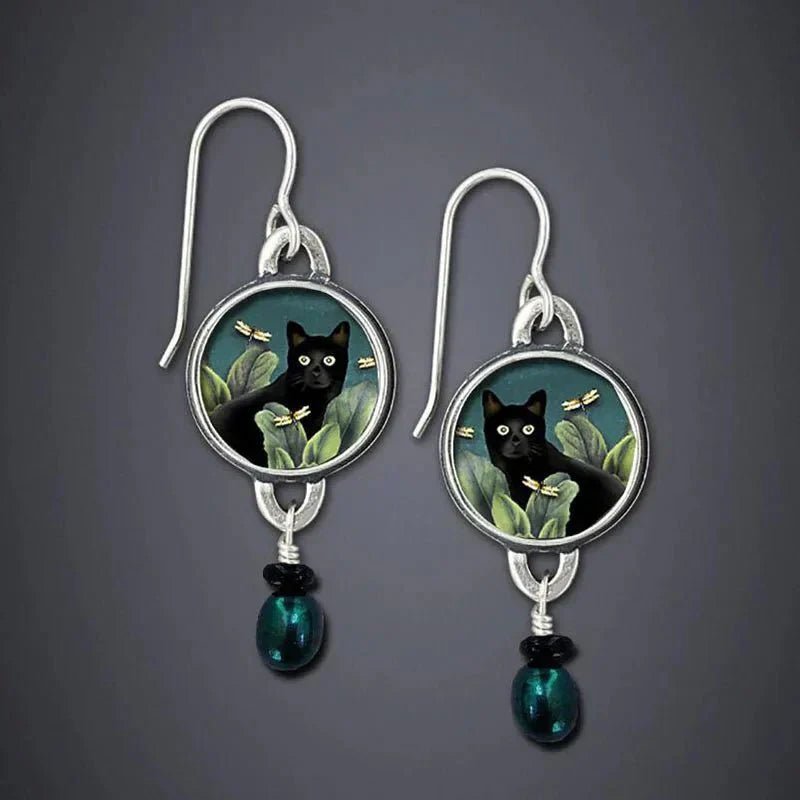 Pendientes colgantes vintage con gato negro tropical