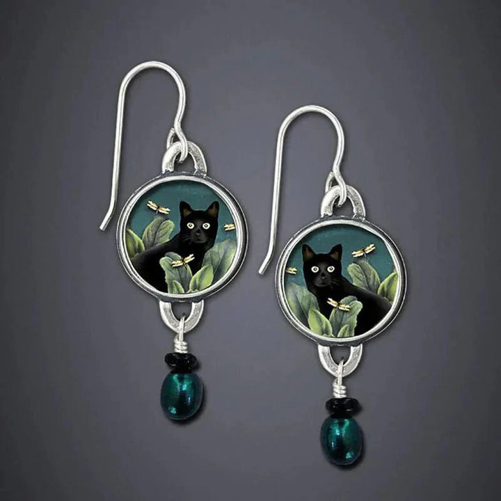 Pendientes colgantes vintage con gato negro tropical